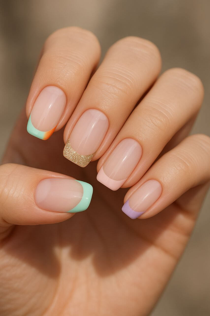 Modern French tip nails in various trendy designs including colored, glitter, and pastel tips in natural light.
