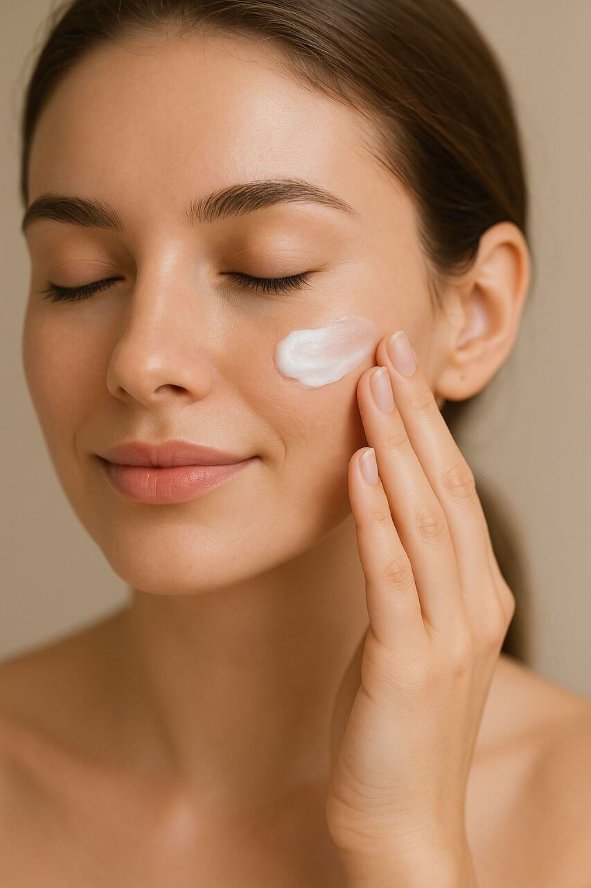 Woman moisturizing face before foundation