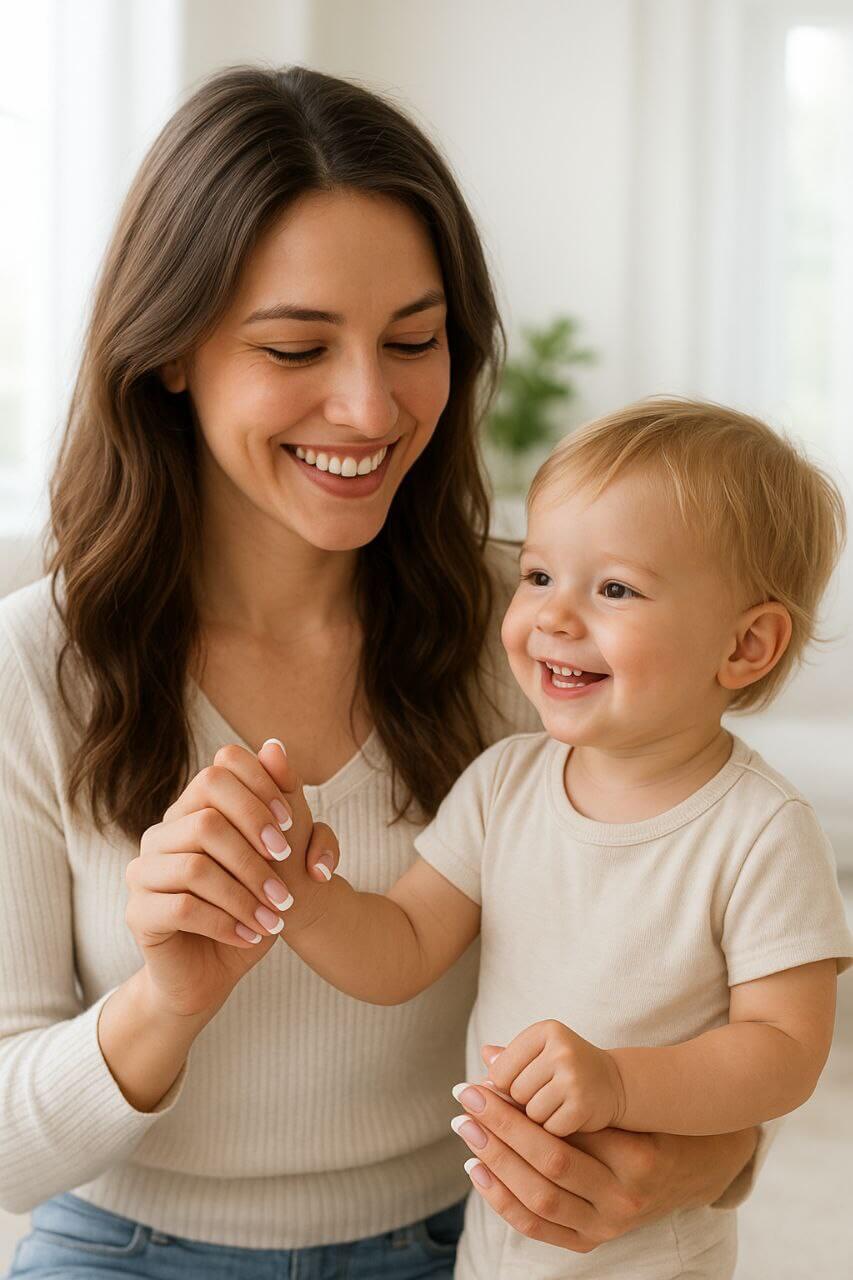 Smiling mom holding her toddler’s hand showing fresh French tip nails.