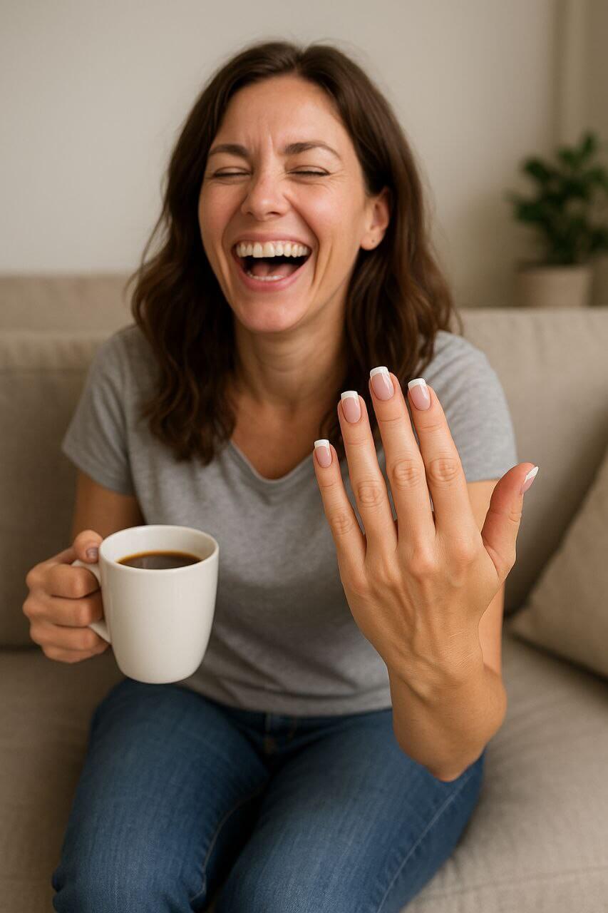 Happy mom relaxing on a couch with coffee, wearing fresh French manicure.