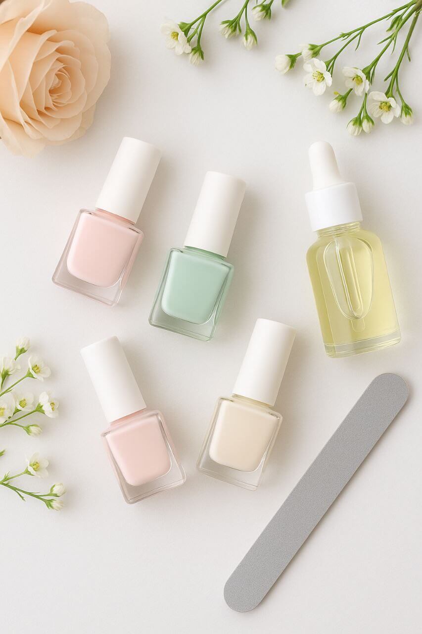 Flatlay of nail care essentials with pastel nail polish bottles and cuticle oil.