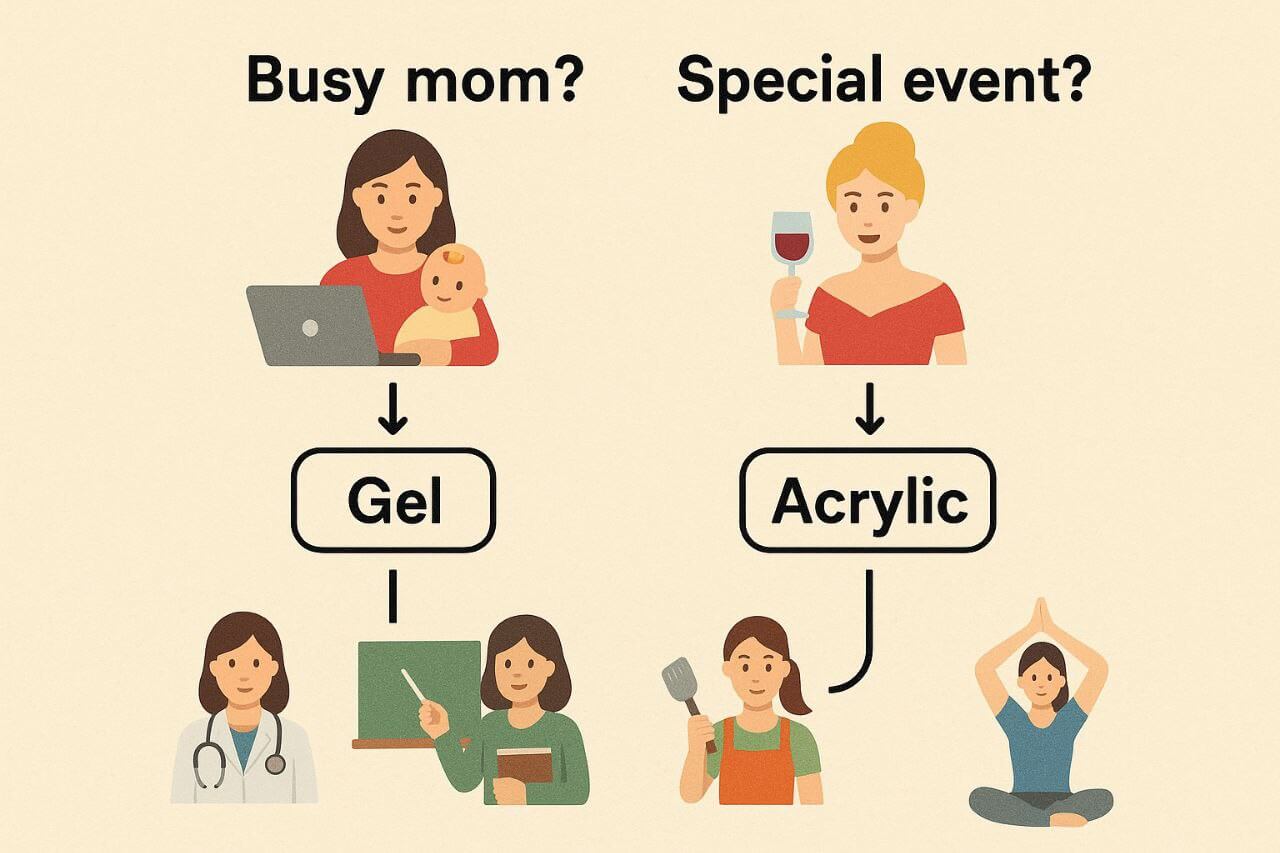 Choosing between gel and acrylic based on lifestyle."*