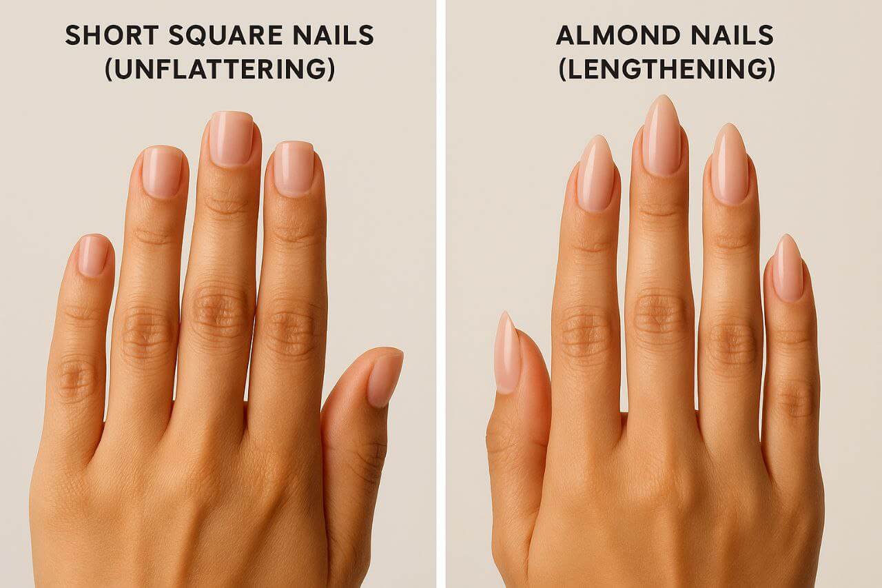 "Square nails vs almond nails for short fingers."