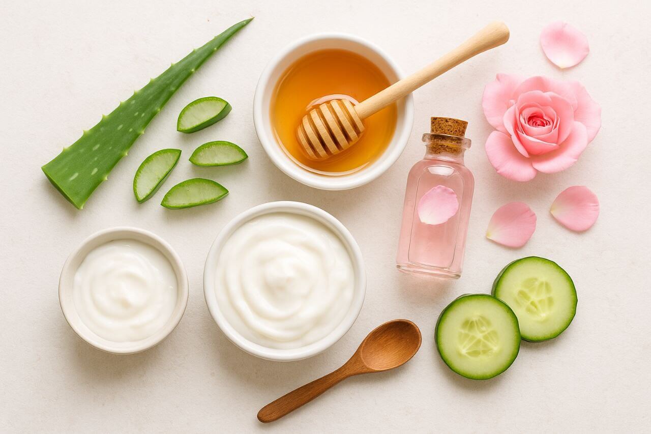 Flat lay of natural skincare ingredients like aloe vera, honey, and cucumber.
