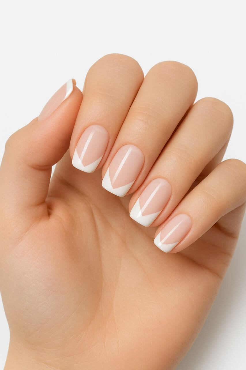 Minimal French manicure with geometric negative space design.