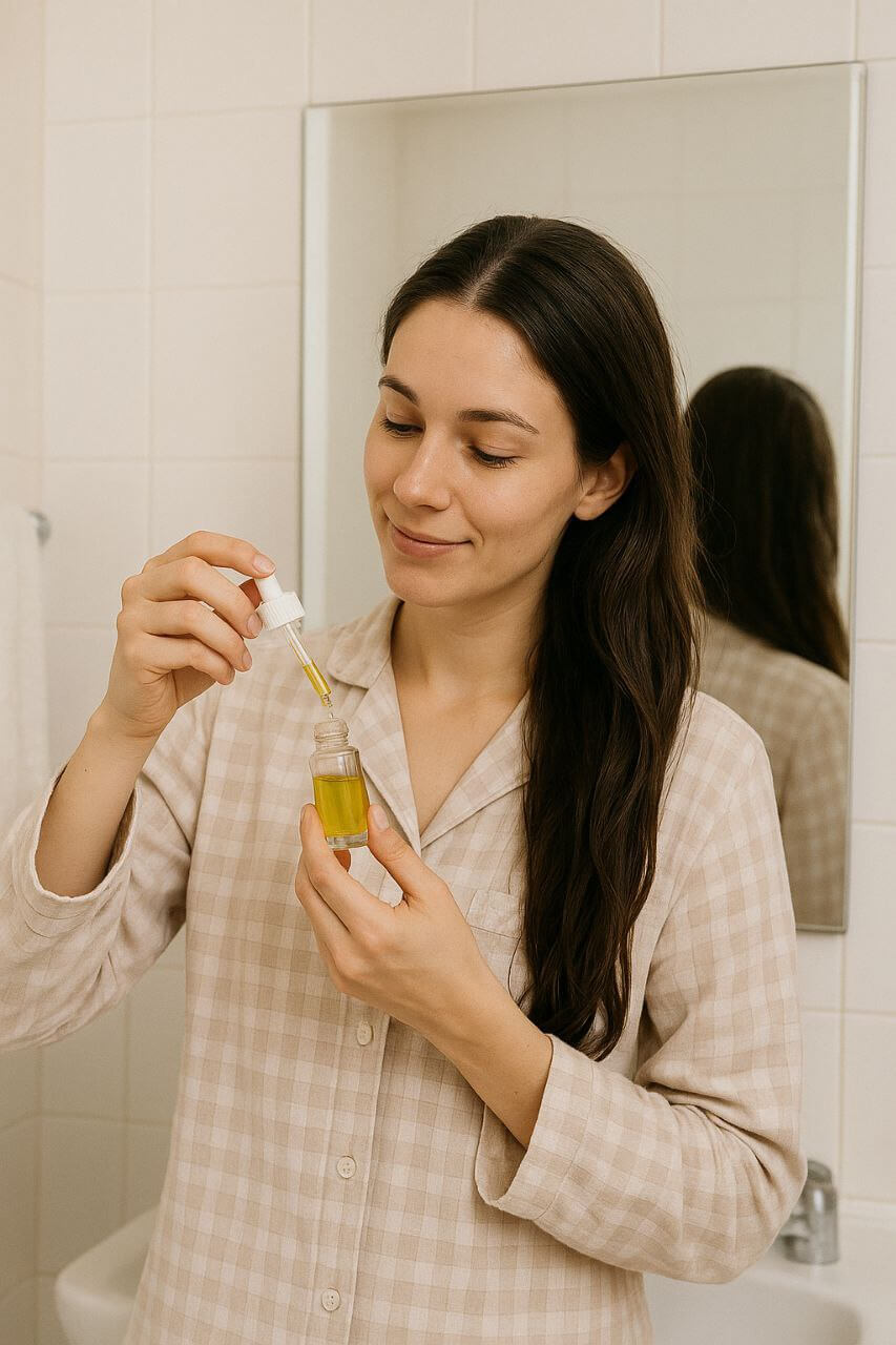 "Woman applying hair oil at home during night routine"