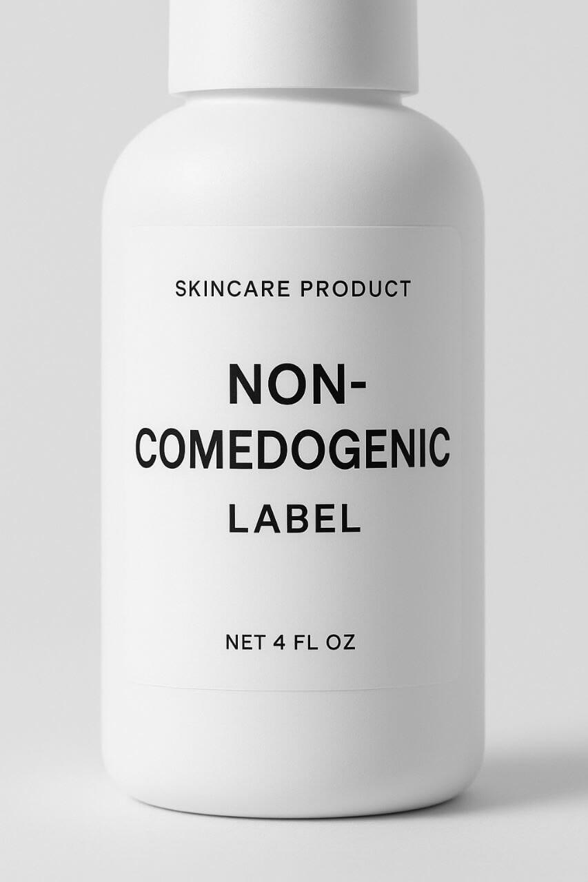 Skincare product label mockup highlighting the term "Non-Comedogenic".