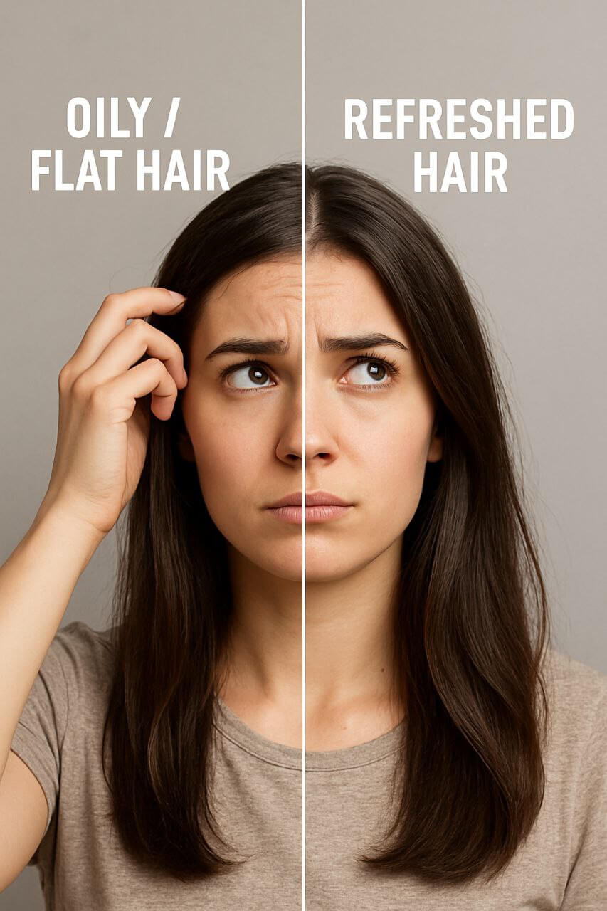 refresh 2nd day hair 
Before and after comparison of oily roots vs refreshed hair.