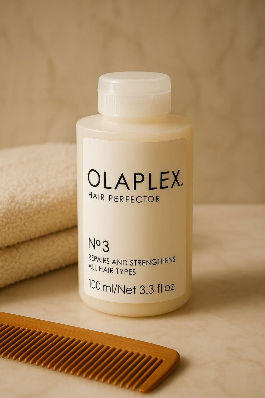 Olaplex No.3 Hair Perfector bottle on bathroom counter with towel and comb