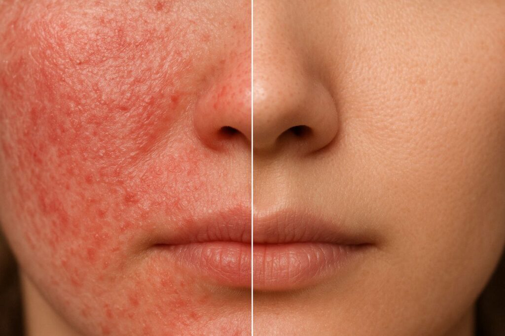 Comparison of irritated red skin from over-exfoliation vs healthy smooth skin.