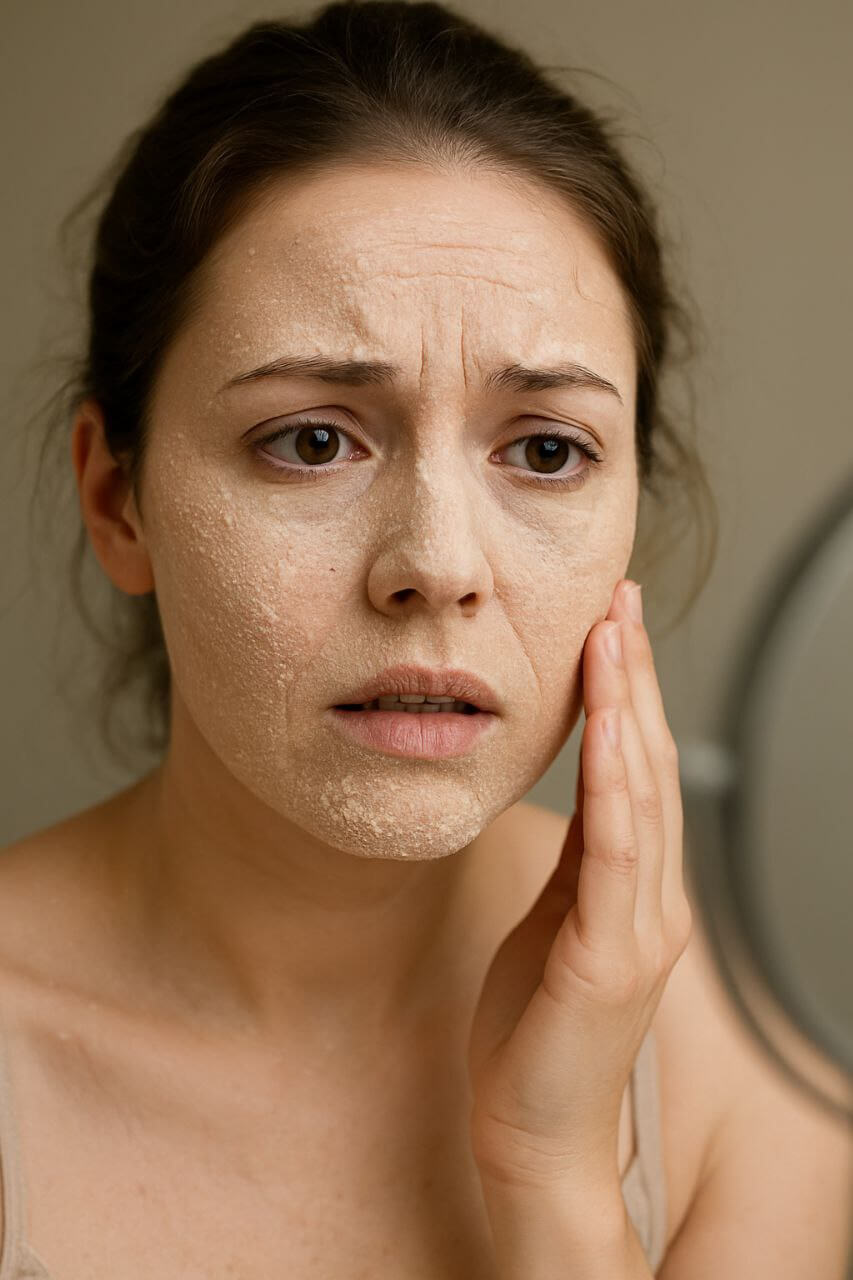 makeup mistakes that age you
Woman with over-powdered face causing cakey skin