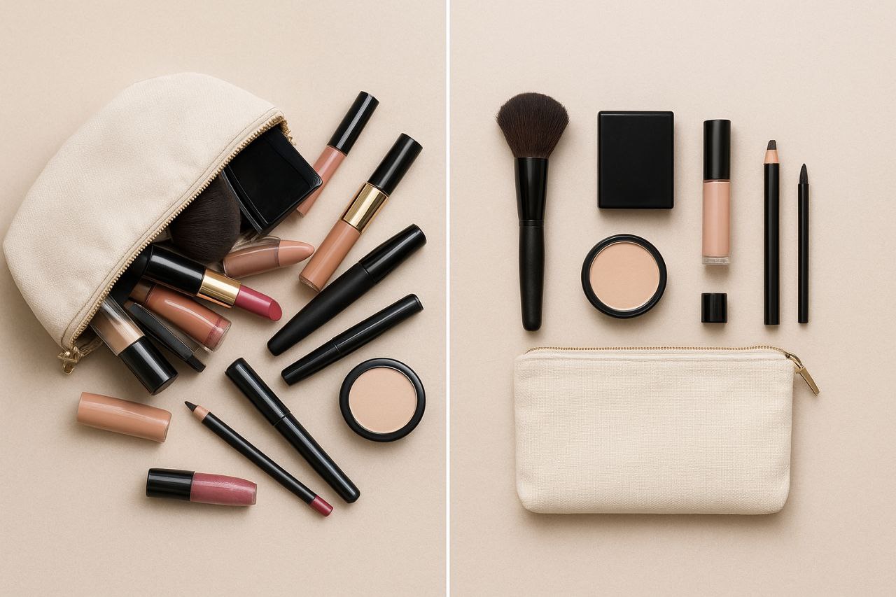 capsule makeup bag for travel Overpacked vs. capsule makeup bag comparison for travel."