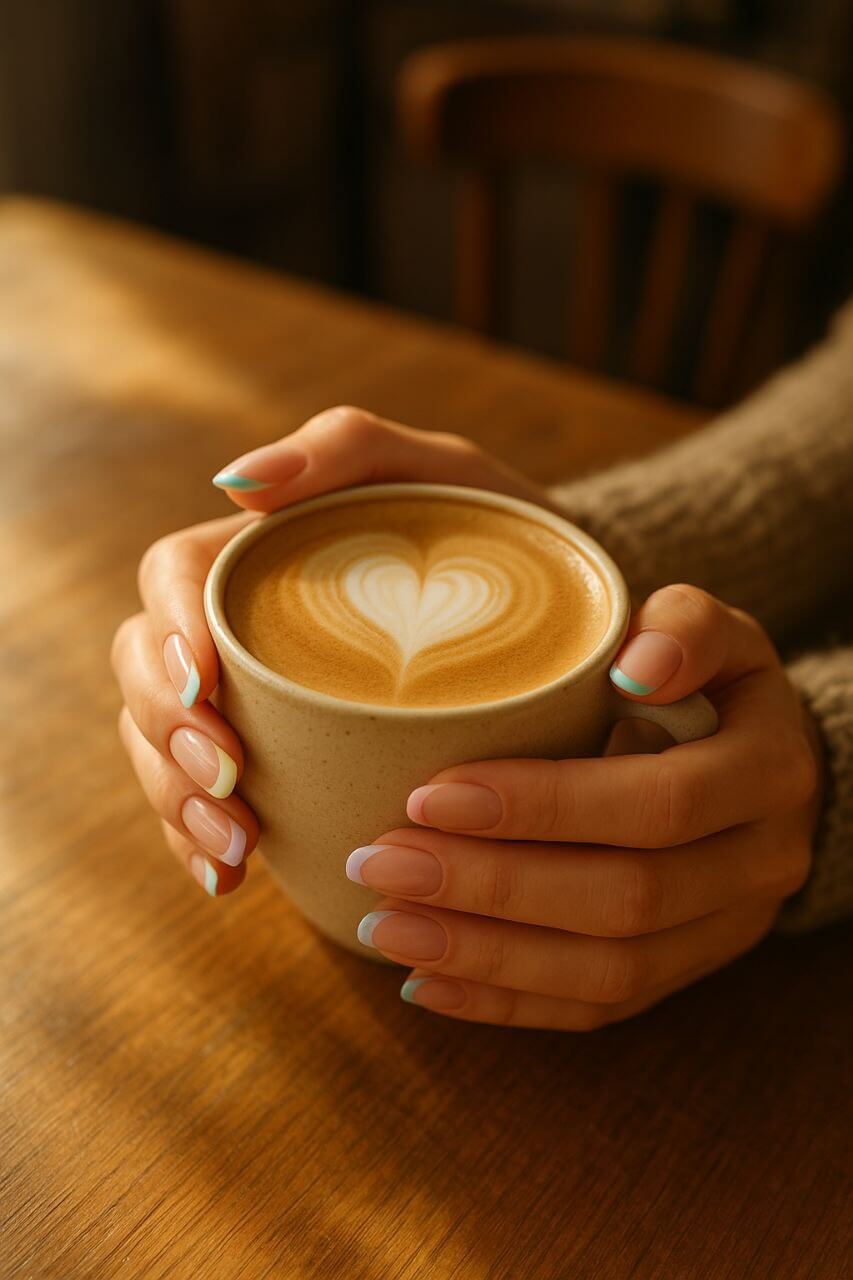 Woman with pastel French tip nails holding a latte cup in a cozy coffee shop setting.