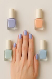 Pastel nail polish shades for every season: lavender, peach, mint, and blue."