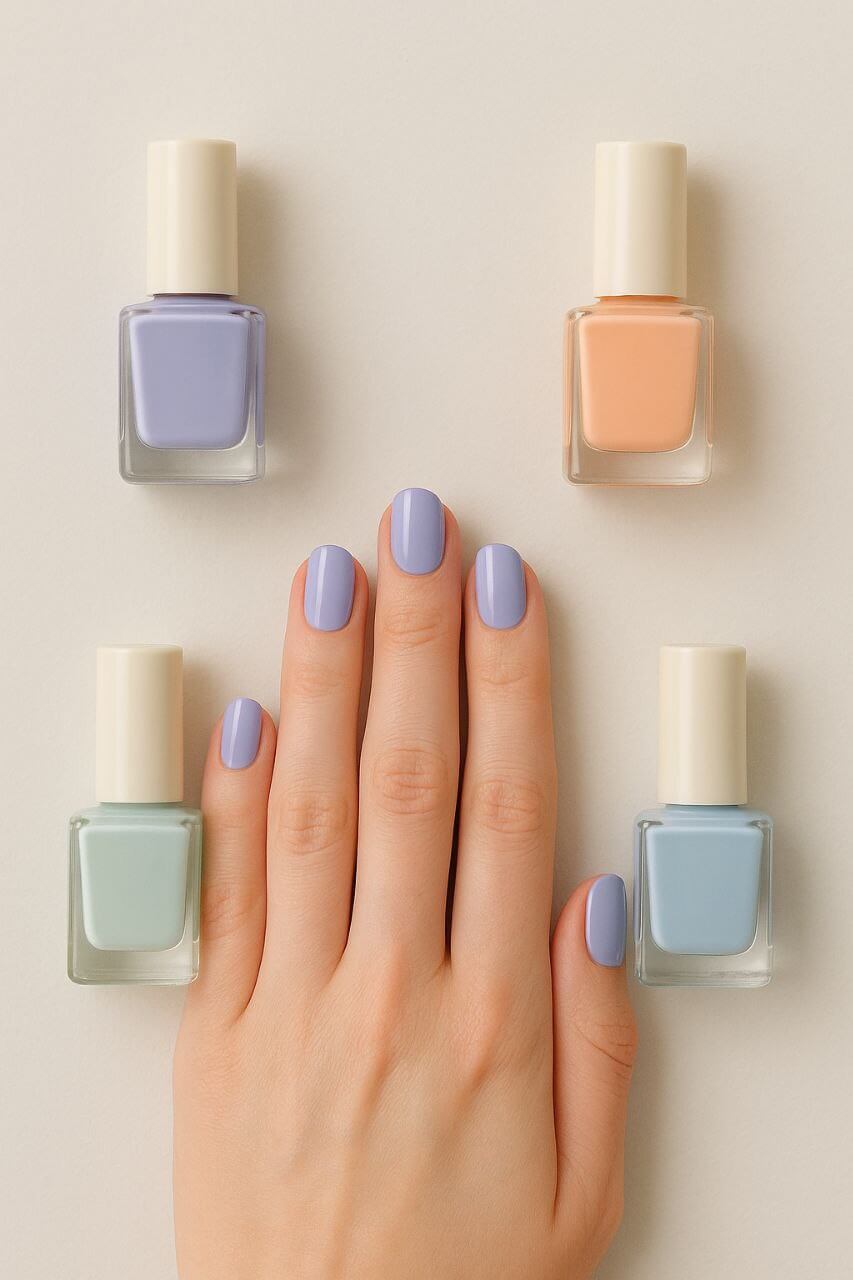 Pastel nail polish shades for every season: lavender, peach, mint, and blue."
