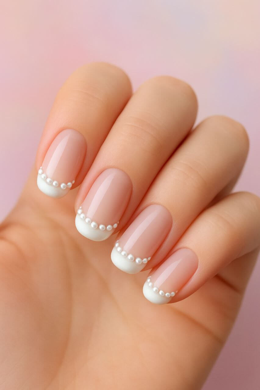 French manicure with tiny pearl accents along the tip line.