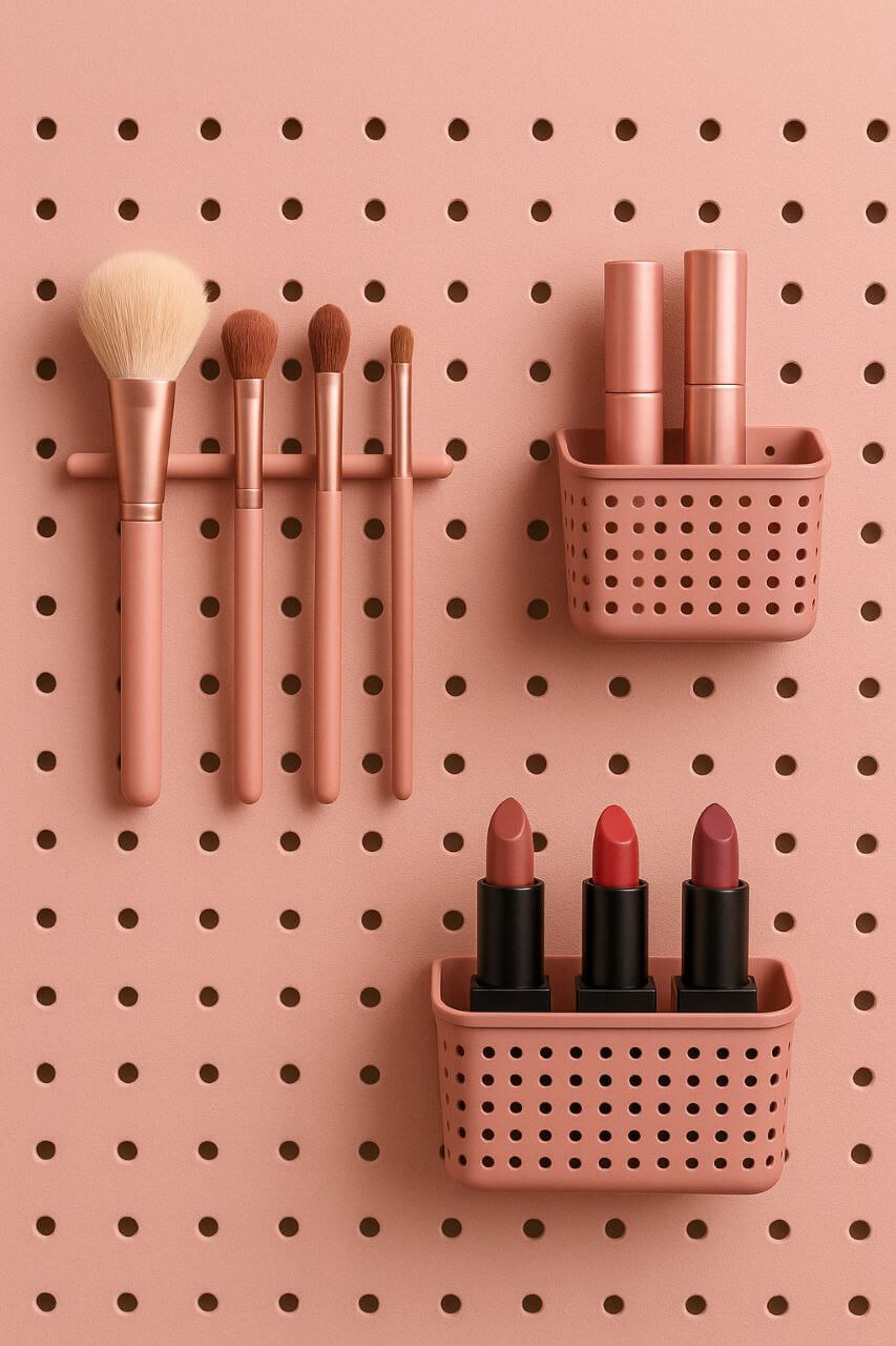 "Pegboard makeup organizer for small spaces."