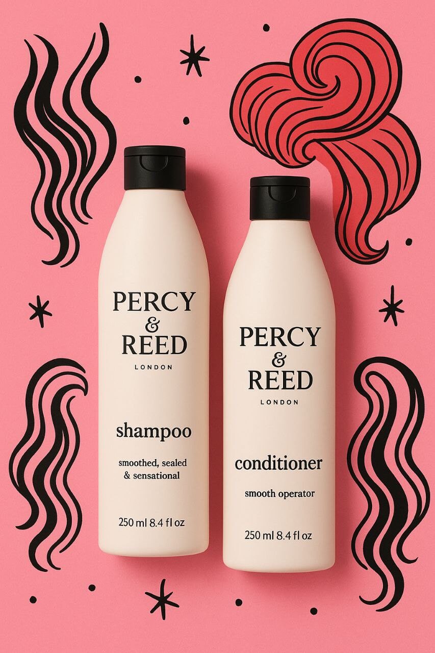 Percy & Reed hair products on pink background with illustrated hair graphics