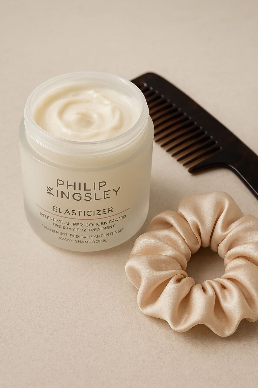 Philip Kingsley Elasticizer jar open with creamy texture, comb, and silk scrunchie