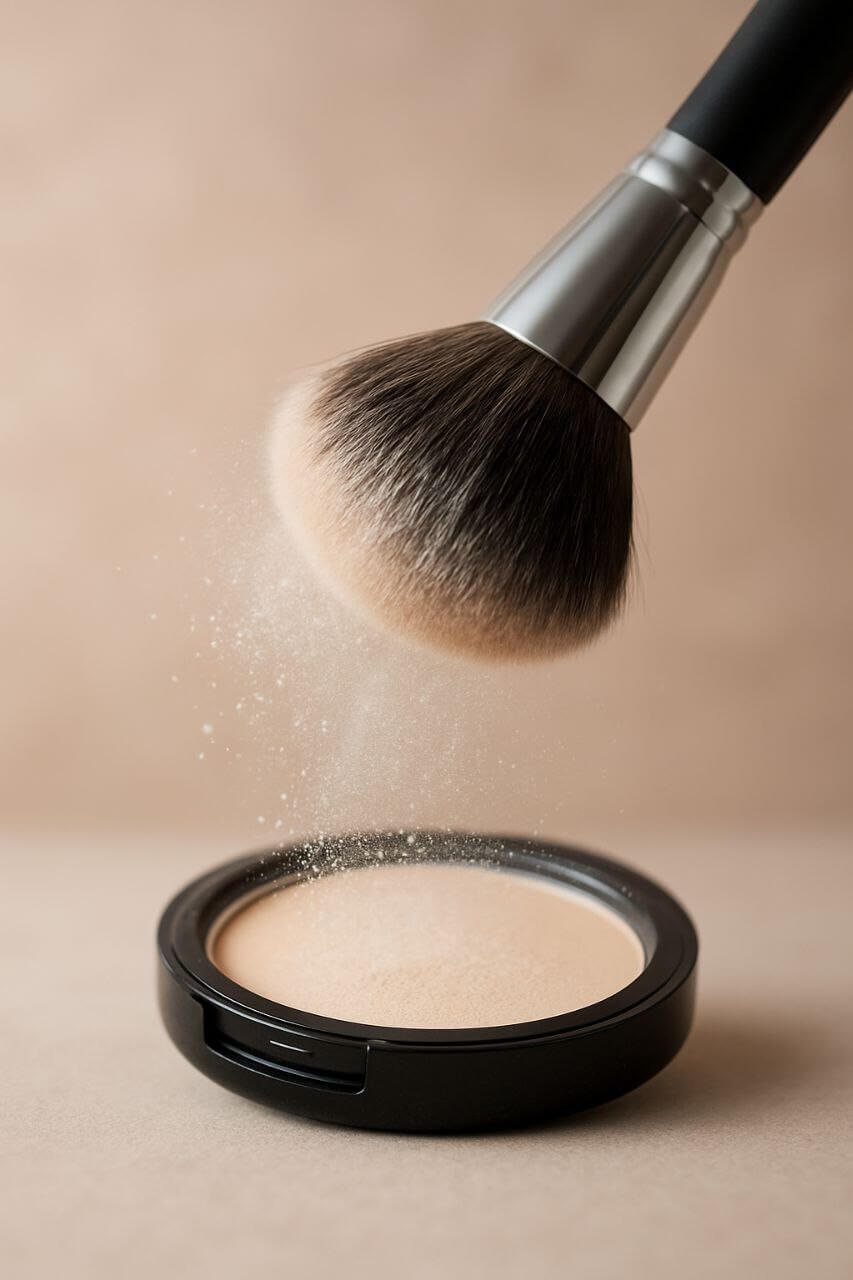 "Large fluffy powder brush dusting powder from a compact"