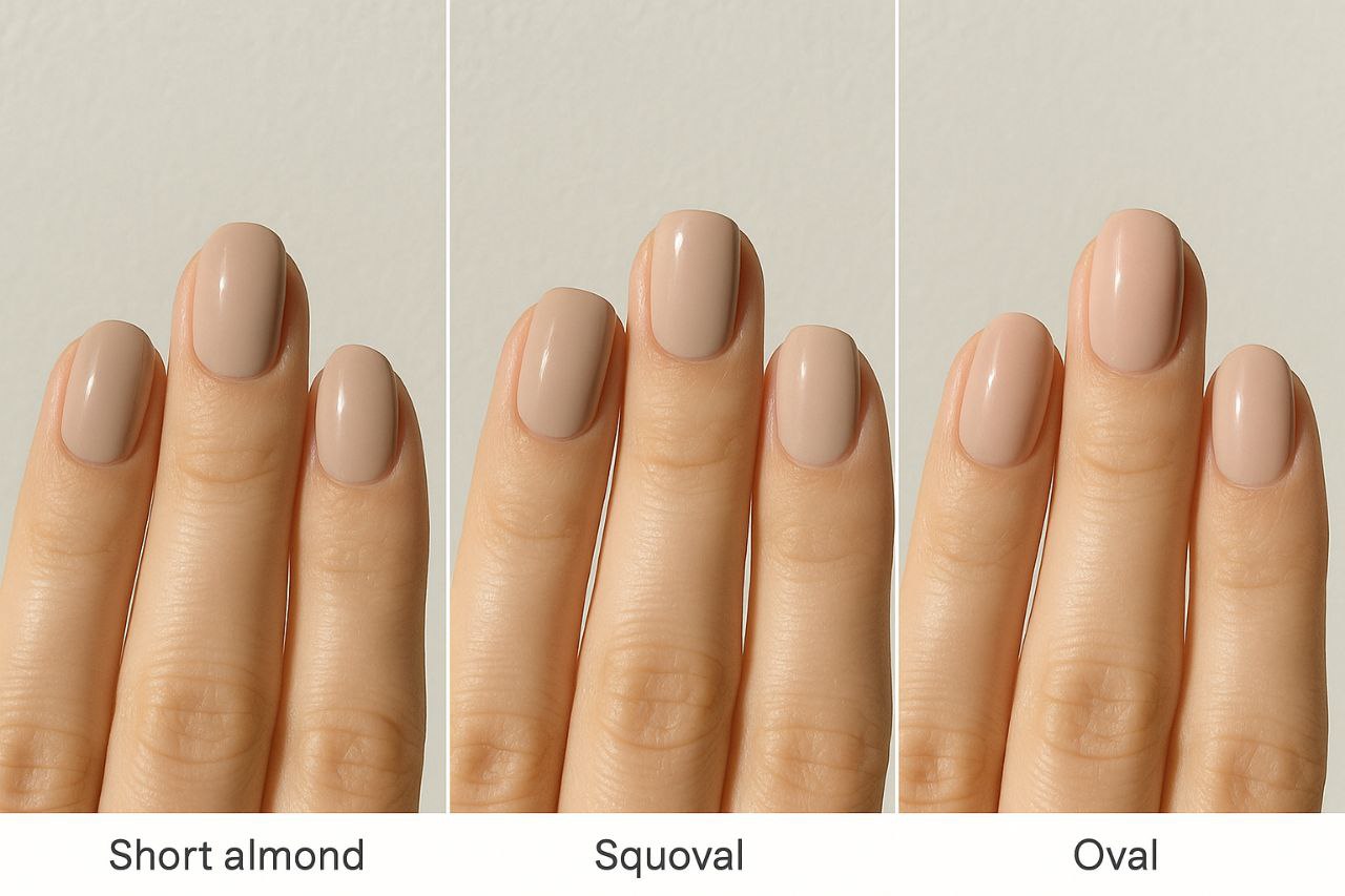 Short almond, squoval, and oval nail shapes in neutral polish shades"