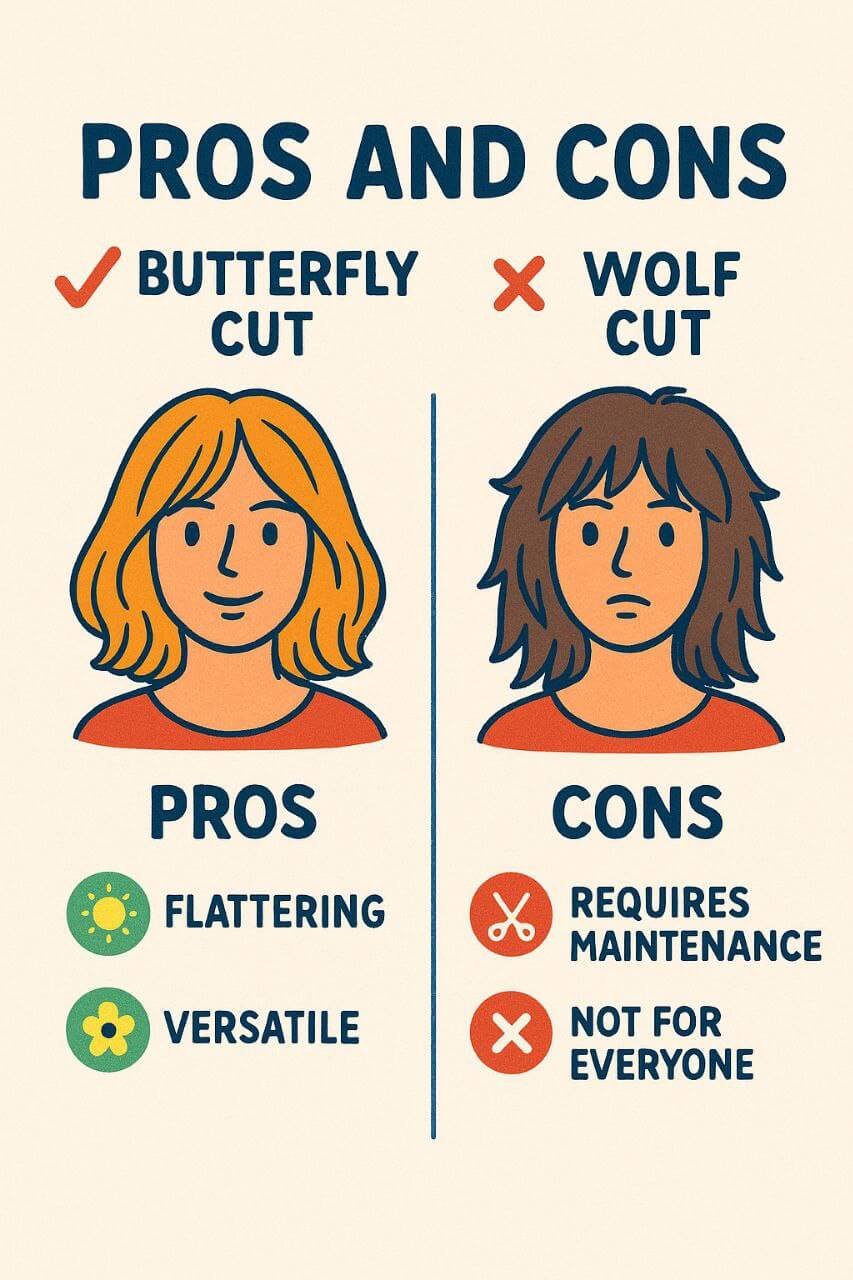 Pros and cons illustration for butterfly haircut and wolf cut”