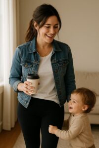 Busy mom looking polished in minimalist outfit with toddler."*