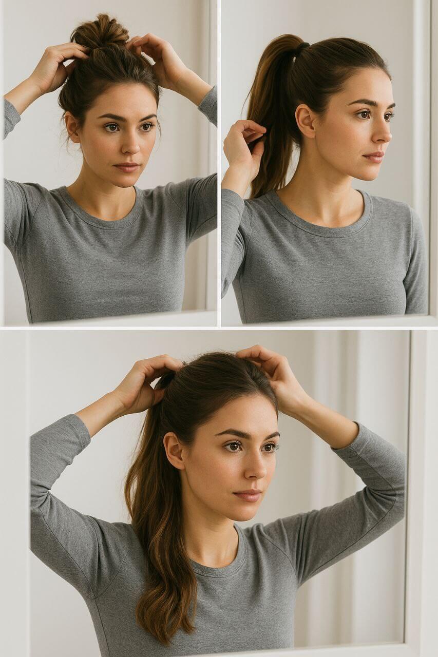 Messy bun, ponytail, and half-up hairstyle ideas for second-day hair.