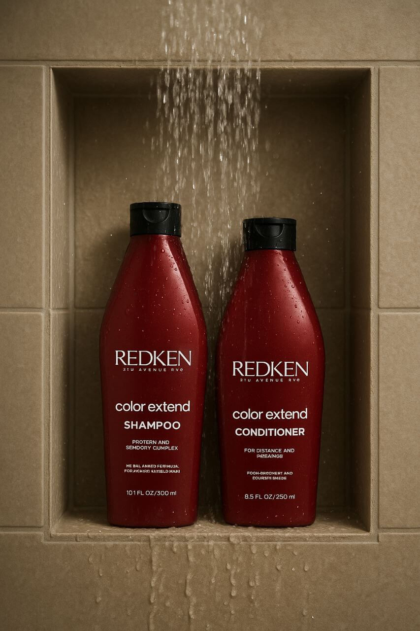 Redken shampoo and conditioner bottles in shower niche with running water