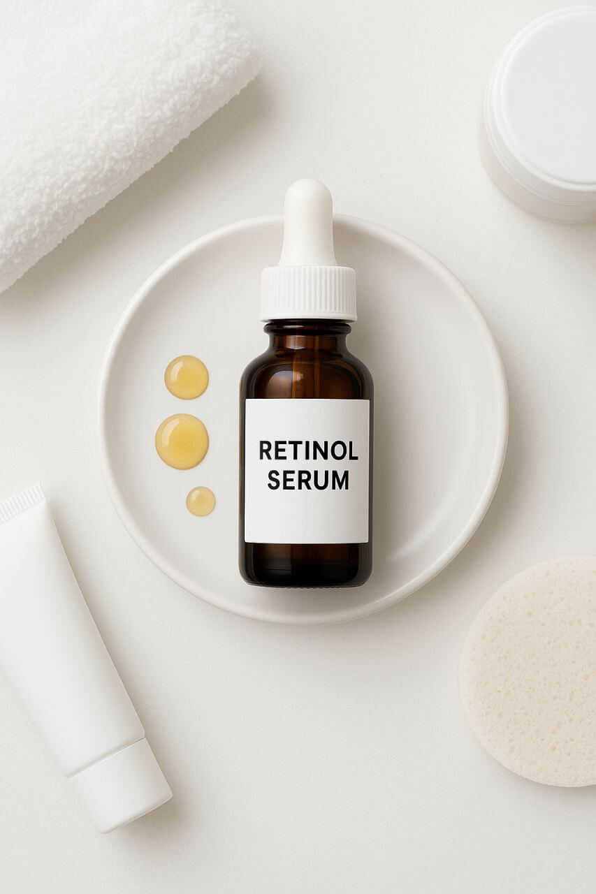 Flat lay of retinol serum dropper with golden drops on a ceramic surface"