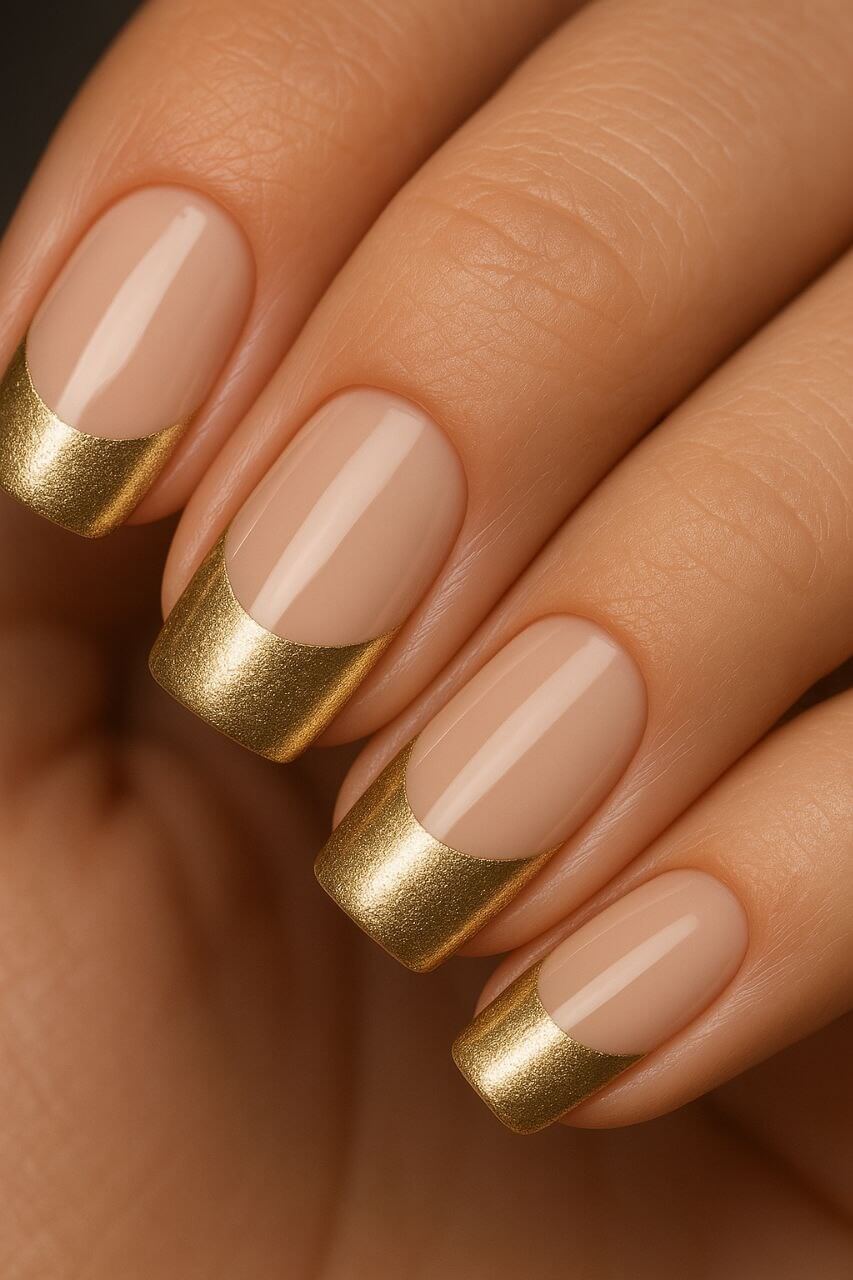 Reverse French manicure with metallic gold base and nude nails.