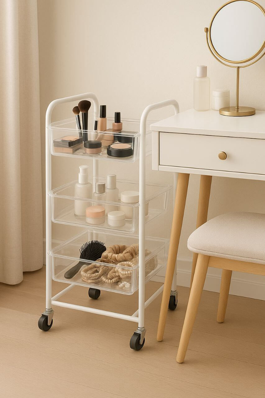 "Rolling cart makeup storage solution for small bedrooms."