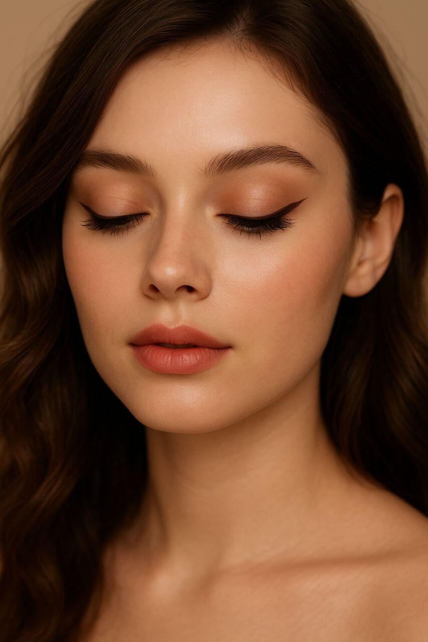 Romantic winged makeup with brown mascara