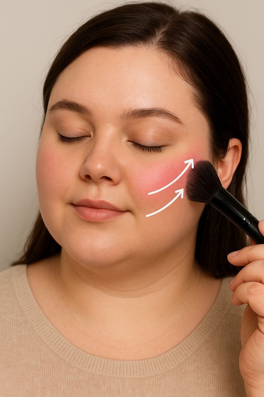 Blush hack for round faces: diagonal upward placement."