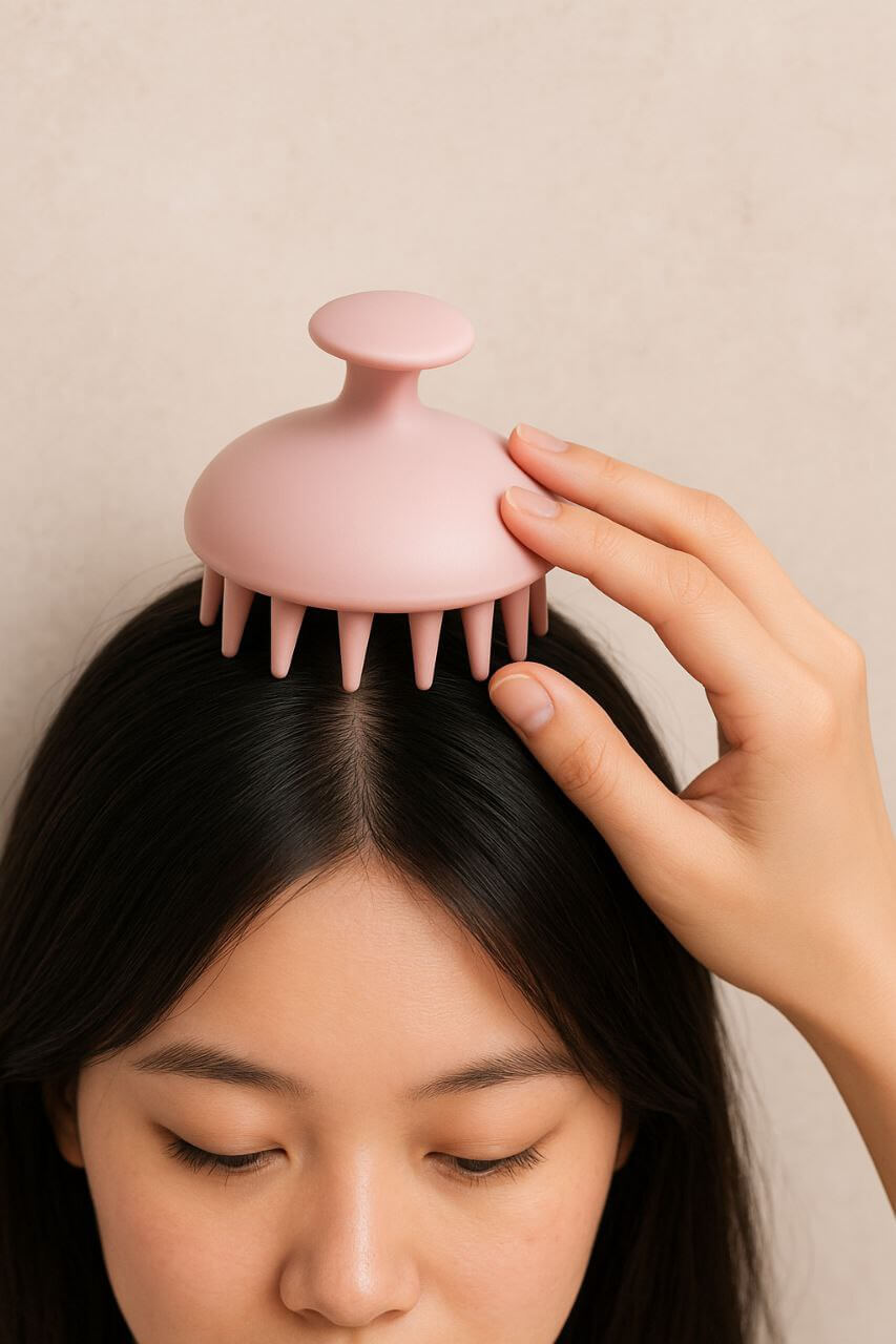 Woman using a scalp massager to boost hair volume.