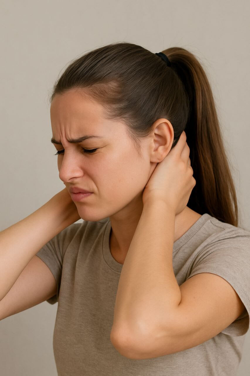 "Woman with tight ponytail holding head due to scalp tension"