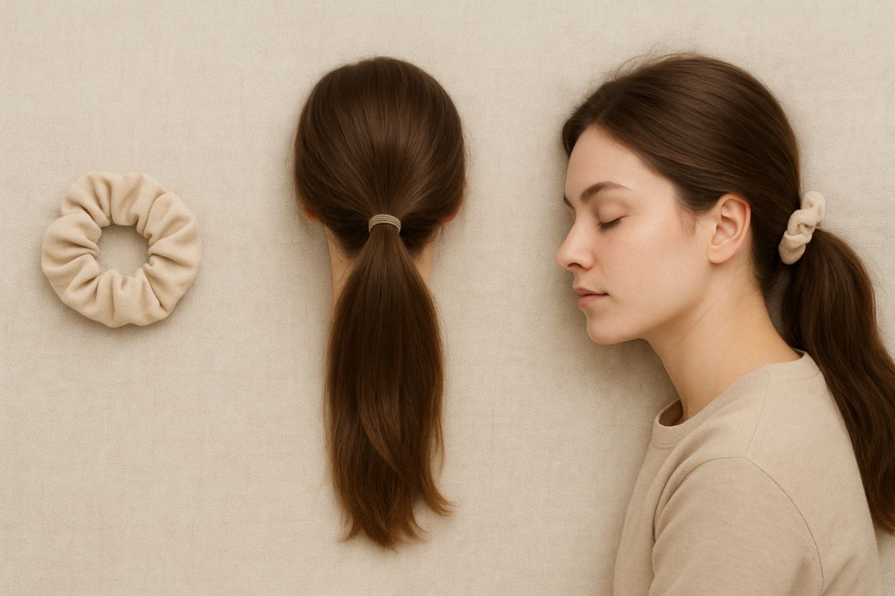 "Step-by-step guide showing gentle scrunchie use to prevent damage"