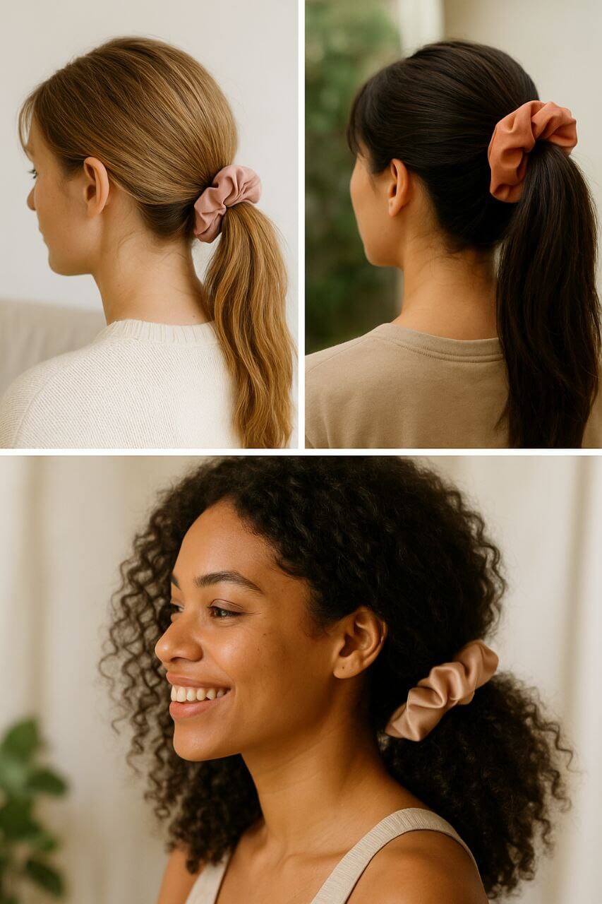 "Collage showing scrunchies for fine, thick, and curly hair types"
