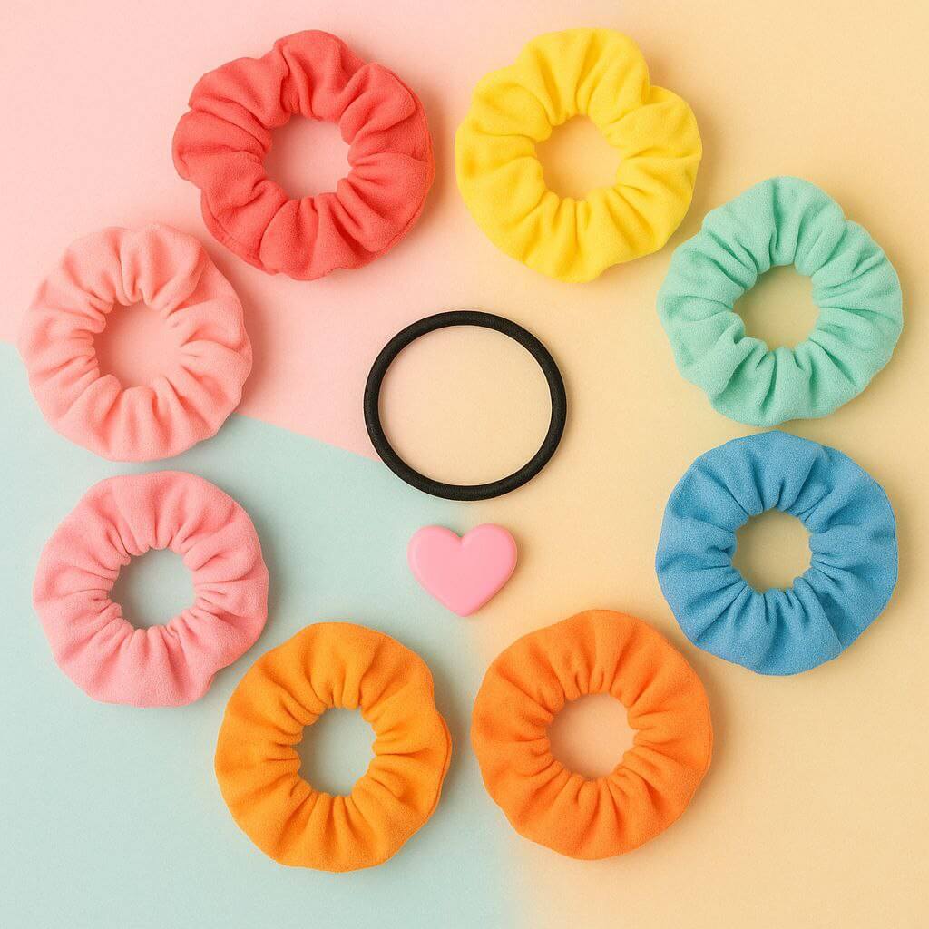 "Colorful scrunchies surrounding a single hair tie on pastel background"