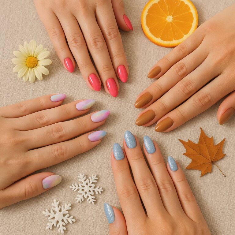 Flat-lay of four women's hands with seasonal manicures — pastel watercolor nails, bright pink summer nails, warm caramel fall nails, and icy blue winter glitter — arranged in a circle on a beige linen background with daisy, orange slice, autumn leaf, and snowflake props."