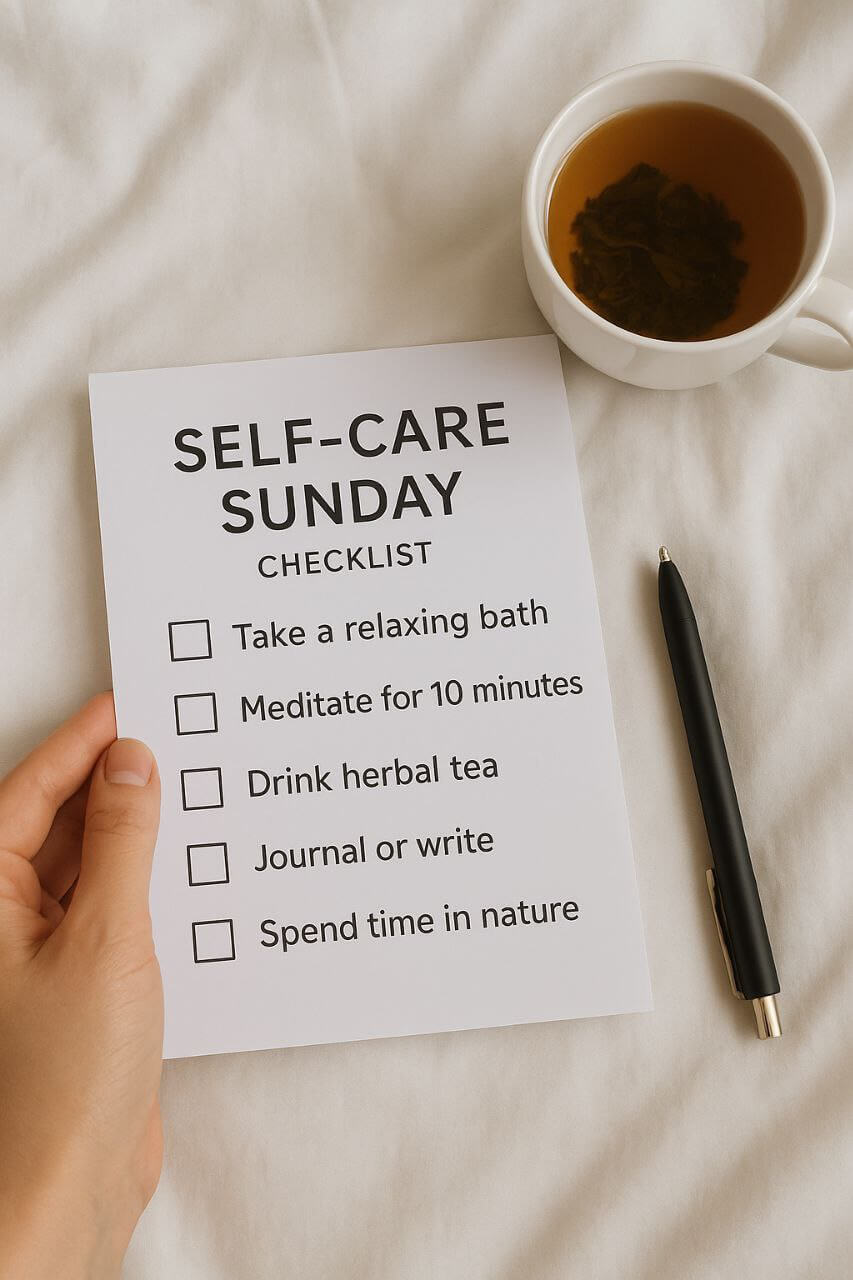 "Printable Self-Care Sunday checklist with cozy setup."