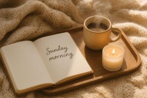 "Relaxing Self-Care Sunday morning with journal and coffee."