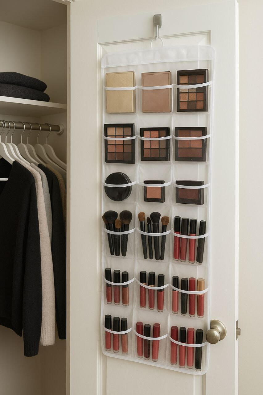 Shoe organizer as makeup storage for tiny spaces."