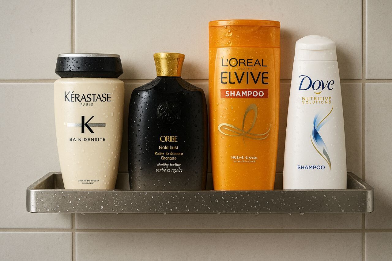 Open shower shelf with mixed luxury and budget haircare brands with water droplets