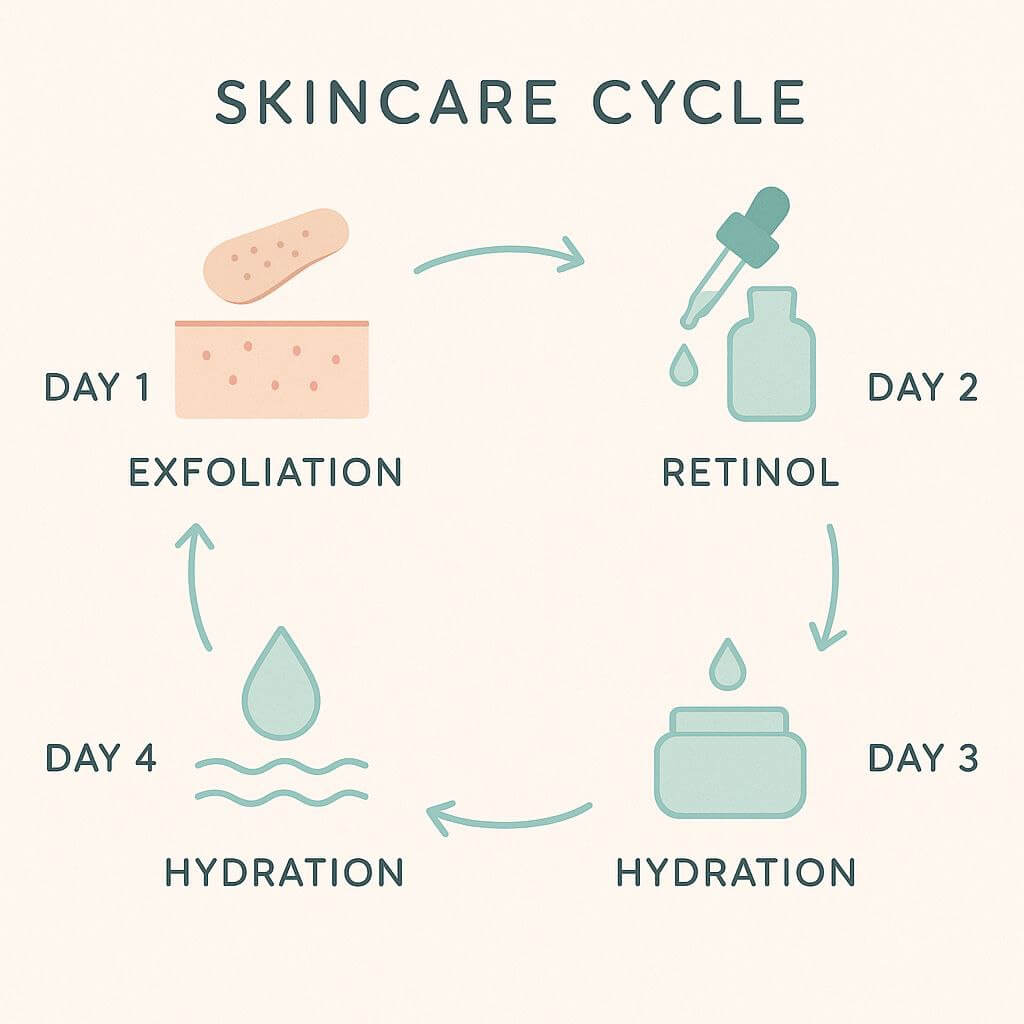 Illustrated 4-day skin cycling routine showing exfoliation, retinol, and hydration steps