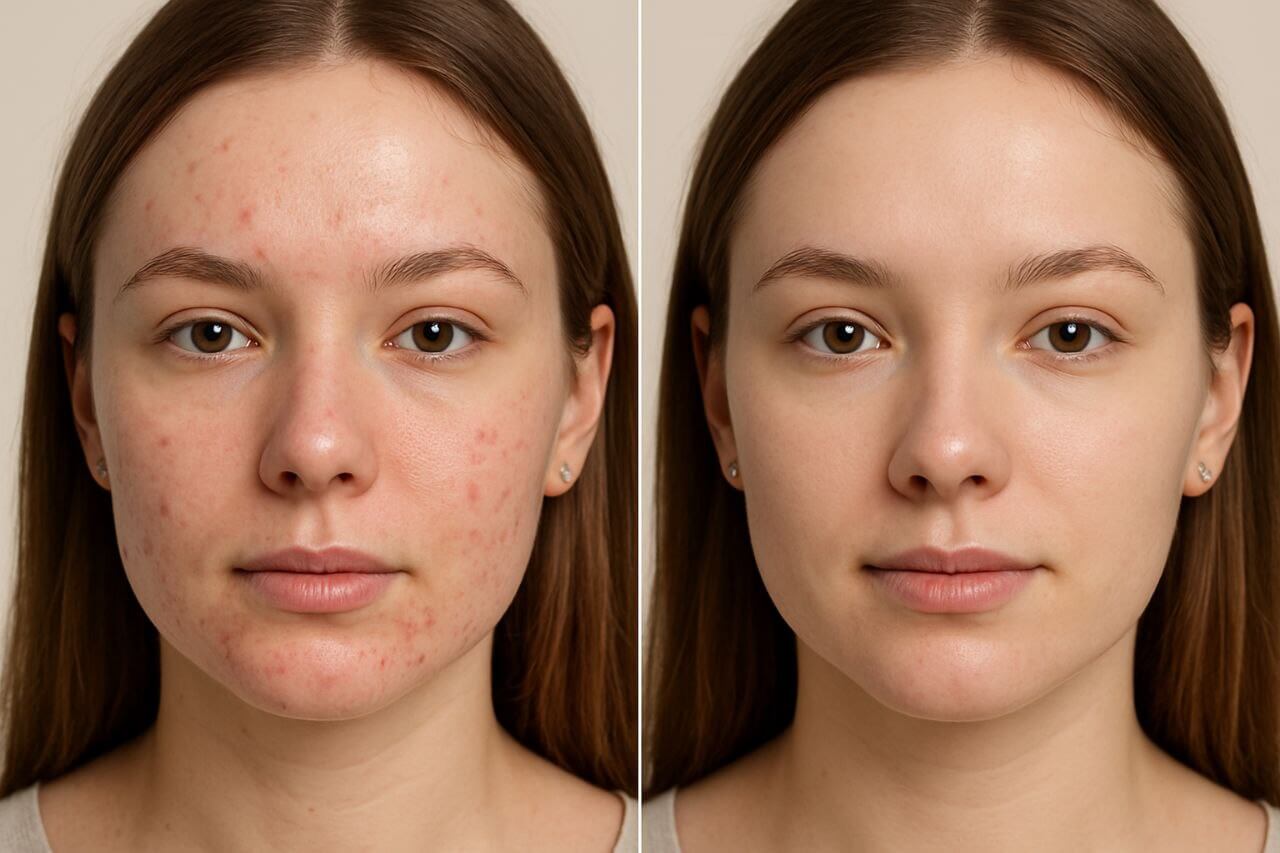 Before and after comparison of acne-prone skin showing clear improvement"
