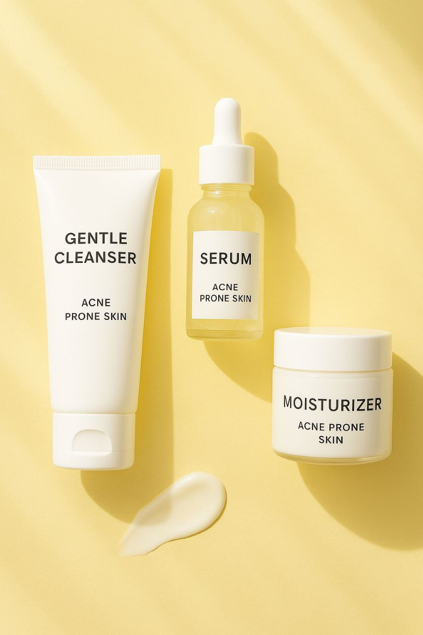 skin cycling for acne
Flat lay of acne-prone skincare products on a pastel background with a fresh and clean vibe"