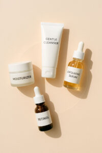 Flat lay of acne-prone skincare products arranged in a circular pattern on a pastel background representing skin cycling"