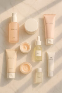 Flat lay of luxury and affordable skincare products on marble vanity in morning light.