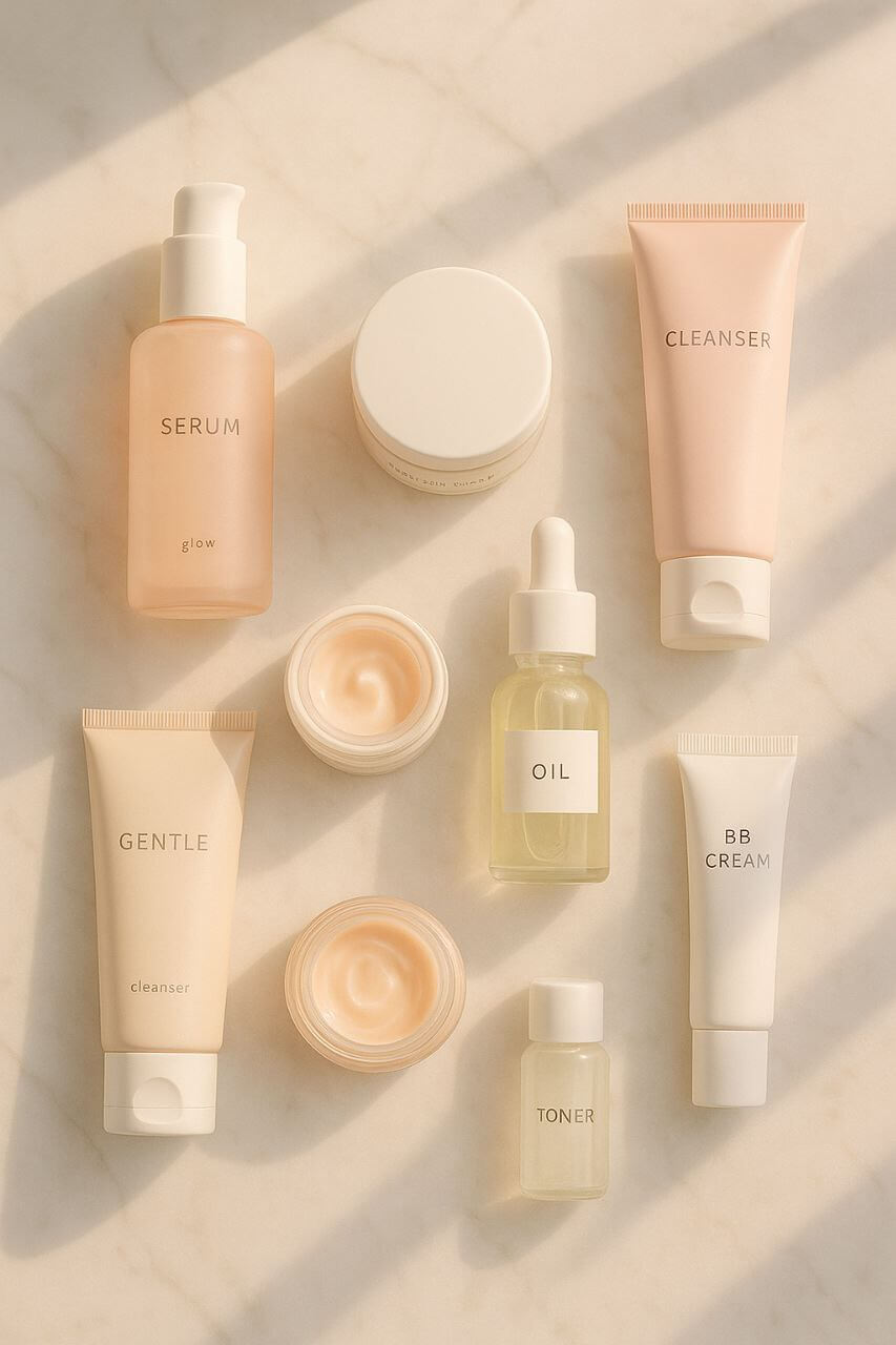 Flat lay of luxury and affordable skincare products on marble vanity in morning light.